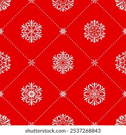 red winter repetitive background with white dots and snowflakes. vector seamless pattern. fabric swatch. wrapping paper. continuous design template for home decor, textile, greeting card, flyer