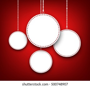 Red winter round background with Christmas balls. Vector illustration.
