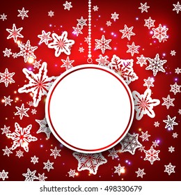 Red winter round background with snowflakes. Vector illustration.