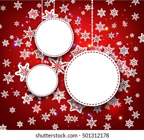 Red winter round background with snowflakes. Vector illustration.