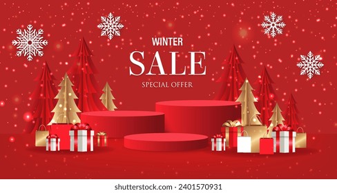 Red Winter Sale Postcard With Fir Tree Border With Gradient Mesh, Vector Illustration