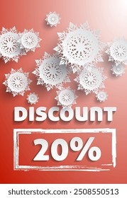 Red winter sale poster with intricate white snowflakes, bold discount text offering 20 off, suitable for holiday season promotions and seasonal marketing campaigns. Sale discount