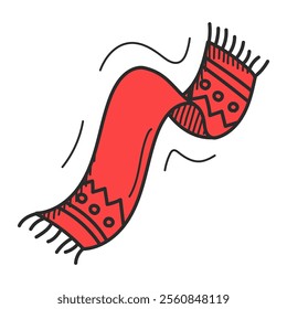 Red winter scarf doodle icon vector isolated. Symbol of a warm clothing. Hand-drawn woolen scarf. Cute design element.