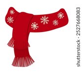 Red winter scarf with fringe and white snowflake pattern. Winter clothing for xmas holiday and winter designs. Cozy accessory for seasonal decoration or festive apparel concept.