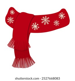 Red winter scarf with fringe and white snowflake pattern. Winter clothing for xmas holiday and winter designs. Cozy accessory for seasonal decoration or festive apparel concept.