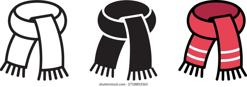 Colección de iconos de vector de bufanda roja de invierno. Ilustración plana de accesorios de temporada con flecos. Conjunto de contorno de cuello de punto. Diseño de ropa cálida para el Clima frío.