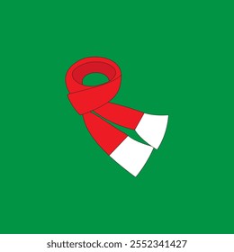 Red winter scarf vector illustration on green background. Christmas wool muffler