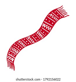Red winter scarf with white geometric pattern in Doodle style. Garment.A simple, cute hand-drawn drawing. Hygge, a cozy home, comfort environment. Isolated on white . Color vector illustration.