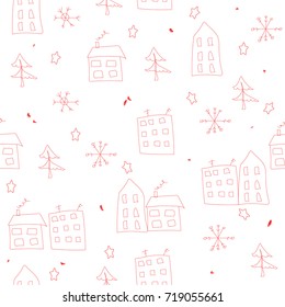 Red winter small town sketch doodle style. Vector hand drawn illustration.