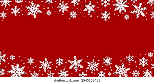 Red winter snowfall vector background, snowflake border design, festive holiday frame, greeting template design