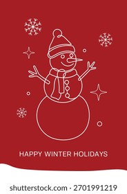 Red winter snowman card template vector, happy holidays line art design.