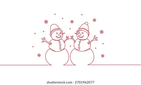 Vector rojo del muñeco de nieve del invierno una línea de arte, diseño de la decoración de la nevada de la Navidad.
