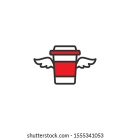 red winter take-out coffee with cap, cup holder and wings. disposable cardboard cup of coffee. Paper container icon isolated on white. Vector outline Illustration. Fast food, lunch delivery picrogram.