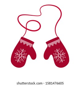 Red winter warm wittens with snowflake pattern and rope, children's knitted gloves , vector illustration
