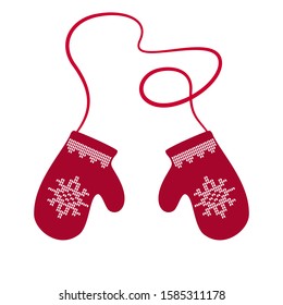 Red winter warm wittens with snowflake pattern and rope, children's knitted gloves , vector illustration