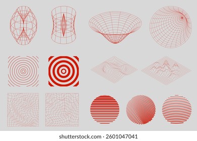 Red wireframe structures, waveforms, and geometric grids arranged in symmetrical patterns on light background. Science. Modern aesthetics, minimalist art. Vector design for cover, poster, ad.
