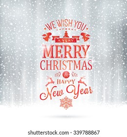 Red Wishing you a very Merry Christmas and Happy New Year lettering on a magical silver backdrop with snowfall and light effects.