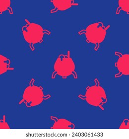 Red Witch cauldron icon isolated seamless pattern on blue background. Happy Halloween party.  Vector