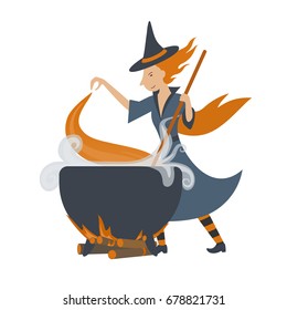 Red witch cooks with the potion in the boiler. Vector flat illustration.