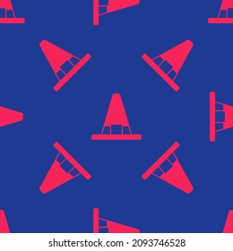 Red Witch hat icon isolated seamless pattern on blue background. Happy Halloween party.  Vector