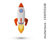 Red wite rocket icon, spaceship launcher vector design. Exploration rocket icon illustration isolated. Cartoon space ship take off, flying ricketship, launch fire flames. Spacecraft with blue porthole
