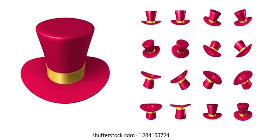 Red wizard cap with gold ribbon. Three-dimensional vector illustration. Set of cartoon objects in different positions in space