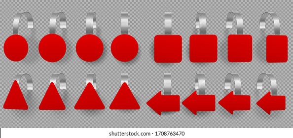 Red Wobblers Mockup. Round, Square, Triangle And Arrow Shape Price Tags. Vector Realistic Set Of Blank Paper Wobblers With Clear Plastic Strip For Supermarket Shelf Isolated On Transparent Background