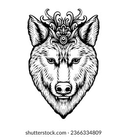 red wolf crown ornament illustration tattoo design black and white