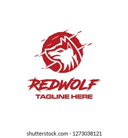 red wolf face hunter power animal beast mascot in circle sliced logo icon vector template