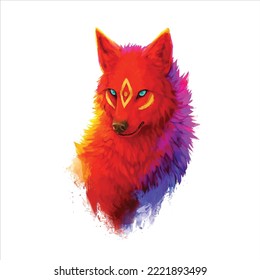 Red wolf face illustration, Animals, Watercolor Fox