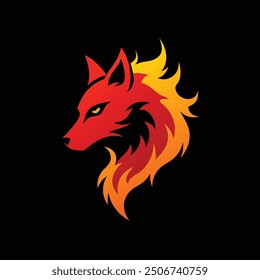 Lobo rojo con llamas de fuego mascota logo diseño icono Ilustración vectorial
