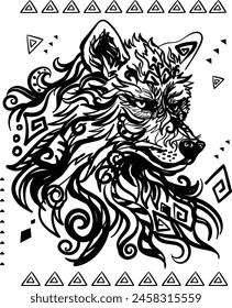 Red wolf t shirt print, kazakh art, tattoo style 