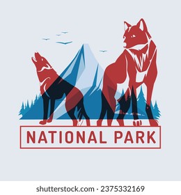 red wolves on the background of blue mountains. Risograph effect. National Wild Park. Vector flat illustration