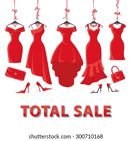 Red Woman dresses on a hanger and fashion accessories set.Summer sale party. Short and long elegant design lady dress,handbags,shoes collection.Vector art image illustration,background,template