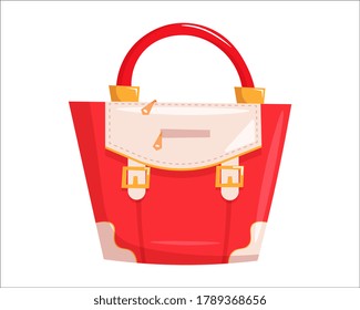 Red woman handbag. Isolated female fashion accessory. Beautiful woman hand bag glamour style design with handle, buckles and zippers. Red lady handbag icon