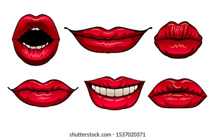 Red Woman Lips Showing Different Emotions Vector Illustrated Set