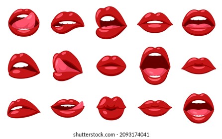 Red Woman Lips. Smiling Lip, Sexy Shine Impudent Mouth. Female Kissing, Closeup Face Parts. Isolated Cartoon Girly Retro Patches, Garish Vector Set