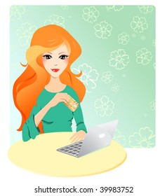 Red woman shopping on the internet.