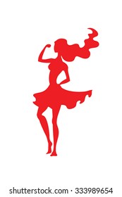 Red woman vector silhouette - illustration of model girl skirt silhouette - strong woman concept - beautiful wild woman -  strong arm, flying skirt, flying hair.Symbol of woman power, freedom, beauty.