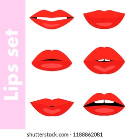 Red woman's lips collection. Different emotions set isolated on white background. Vector illustration of mouth with and without teeth.