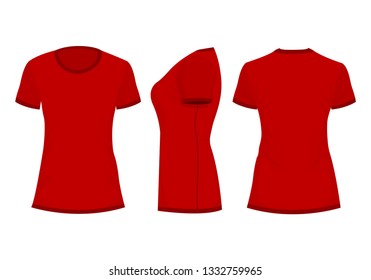 Red woman's t-shirt in back, front and side views