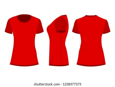 Red woman's t-shirt with short sleeve. Front, back, side view. Isolated on white background. Vector illustration, EPS10. - Vector