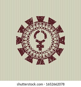 Red women cycle icon inside distress rubber grunge texture stamp
