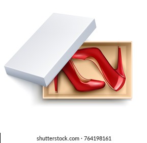 Red women shoes with high heels in white box realistic vector illustration