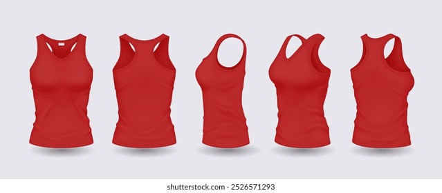 Camisas sin mangas de las mujeres rojas con el sistema realista de la Ilustración vectorial del diseño de la maqueta. Ropa con espacio para los modelos 3d de la marca en el fondo blanco