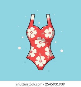 Traje de baño rojo de las mujeres con las flores blancas en la ilustración plana del Vector del fondo azul con el contorno negro Elemento brillante del verano de la historieta