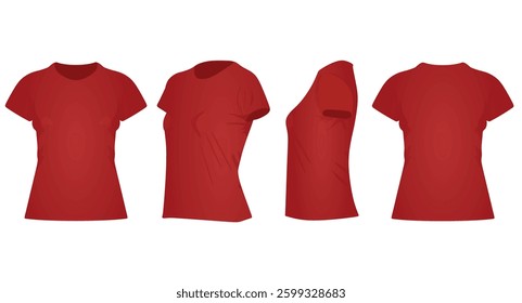 Red  women t shirt. front side and back view. vector illustration