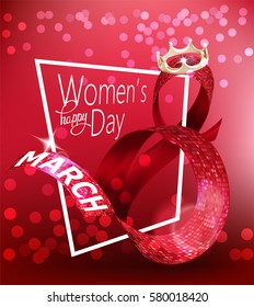 Red womens day background with eight shaped ribbon and frame. Vector illustration
