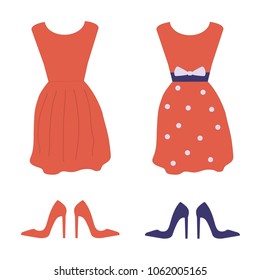 Red women's dress and high heel shoes. Female fashion clothing. Summer or spring romantic lady's look isolated on white. Polka dot apparel decorated with bow in flat design.