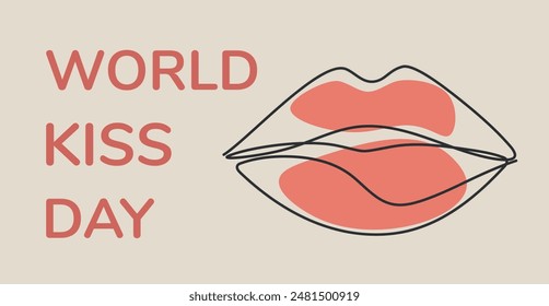  Red Women's hand drawn lips in the continuous one line art. World kiss day. Color Vector illustration EPS10 for poster, banner, web, design element, postcard. Black line.